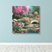 Mooie Shabby Chique Bloemen met Vijver en Brug Canvas Afdruk (Insitu (Houten vloer))