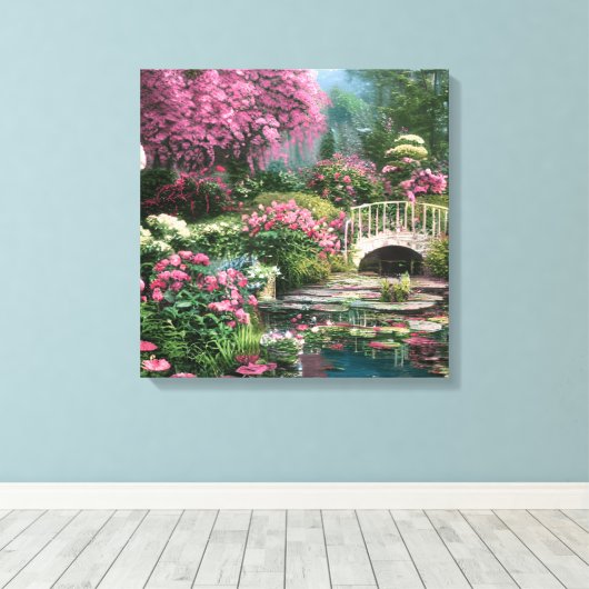 Mooie Shabby Chique Bloemen met Vijver en Brug Canvas Afdruk (Insitu (Houten vloer))