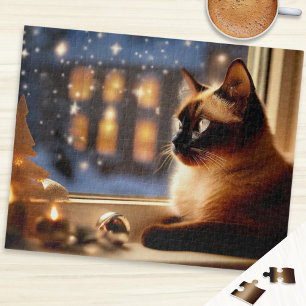 Mooie Siamese kat bij raam Kerstmis dier Legpuzzel
