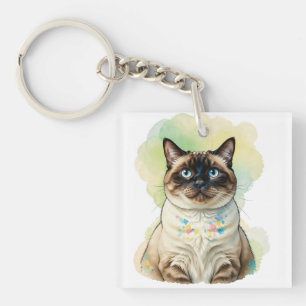 Mooie Siamese Kat Blauwe Ogen Aquarel Huisdier Kun Sleutelhanger