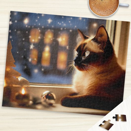 Mooie Siamese Kat door Raam Kerstmis Dier Legpuzzel