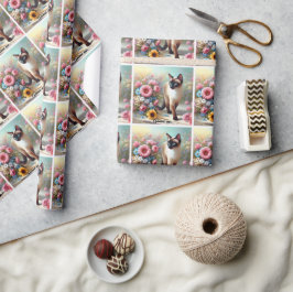 Mooie Siamese Kat en Bloemen Cadeaupapier