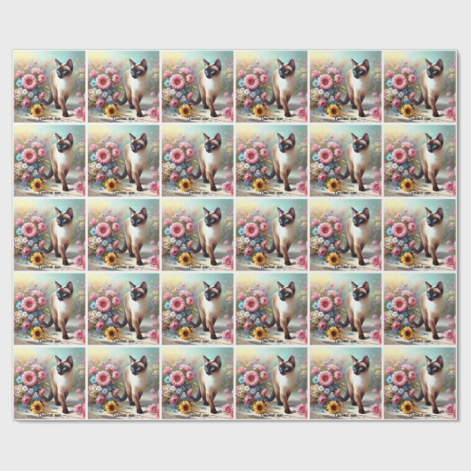 Mooie Siamese Kat en Bloemen Cadeaupapier (Vlak)