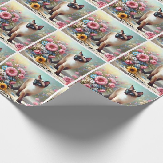 Mooie Siamese Kat en Bloemen Cadeaupapier (Hoek)