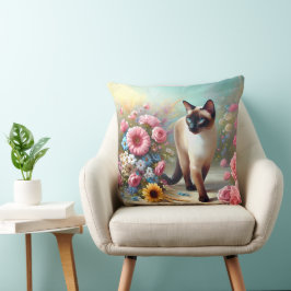 Mooie Siamese Kat en Bloemen Kussen