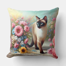 Mooie Siamese Kat en Bloemen Kussen