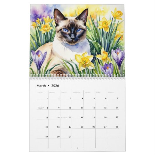 Mooie Siamese Katten Pet Lover Waterverf Dier Kalender (Mar 2026)