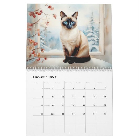 Mooie Siamese Katten Pet Lover Waterverf Dier Kalender (Feb 2026)