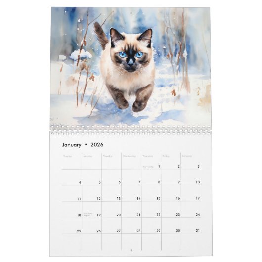 Mooie Siamese Katten Pet Lover Waterverf Dier Kalender (Jan 2026)