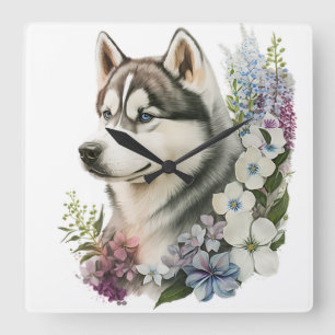 MOOIE SIBERISCHE HUSKY HOND MET BLOEMEN VIERKANTE KLOK