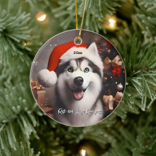 Mooie Siberische Husky met Santa Hat Keramisch Ornament (Boom)