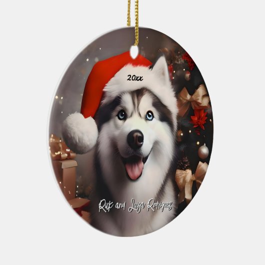 Mooie Siberische Husky met Santa Hat Keramisch Ornament (Rechts)