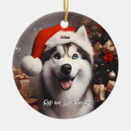 Mooie Siberische Husky met Santa Hat Keramisch Ornament