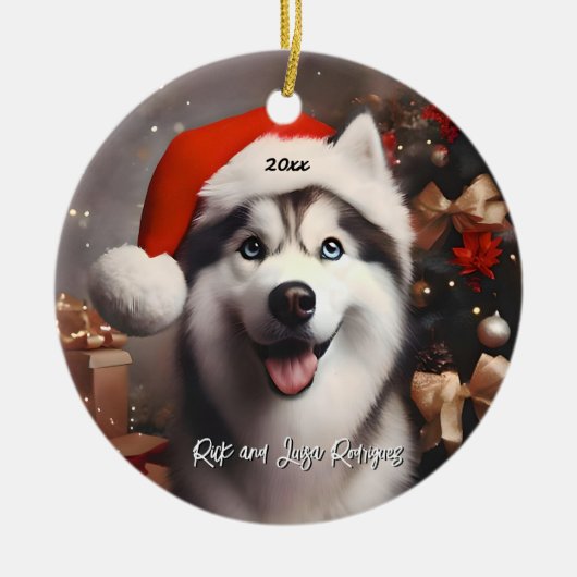 Mooie Siberische Husky met Santa Hat Keramisch Ornament (Voorkant)