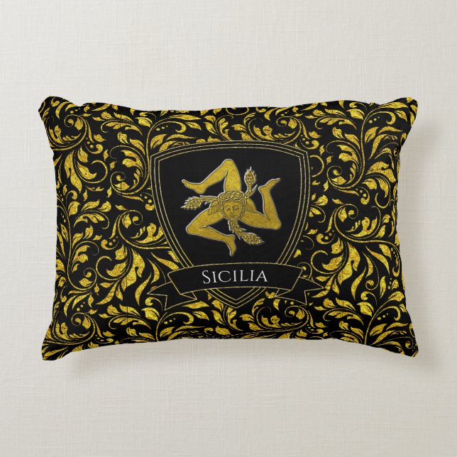 Mooie Siciliaanse Trinacria Gold en Black Accent Kussen (Voorkant)