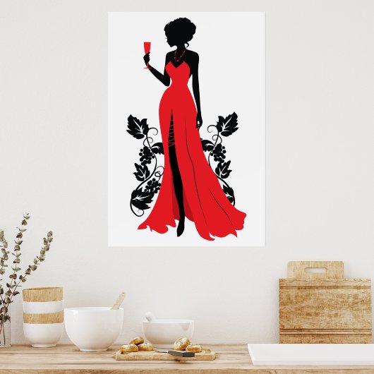 Mooie silhouet van jonge vrouw met wijnglas poster (Keuken)