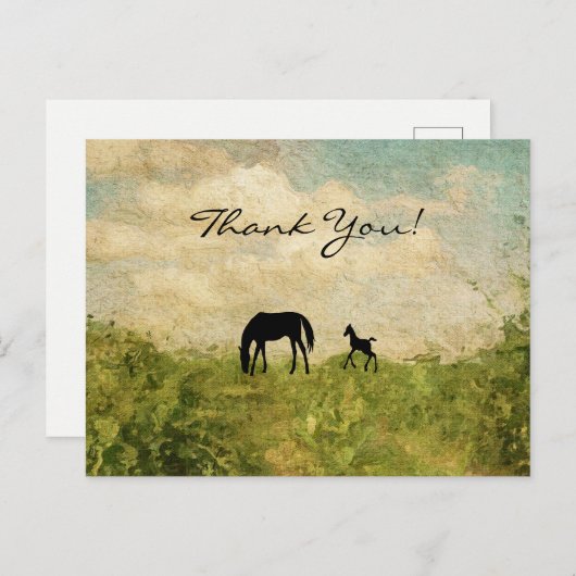 Mooie Silhouette merrie en veulen paard Dank u Briefkaart (Voorkant / Achterkant)