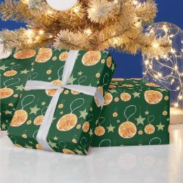 Mooie Sinaasappels en Sterren op Groen Cadeaupapier