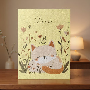 Mooie Slaande Kitten Bloemrijke Aangepaste Naam Legpuzzel