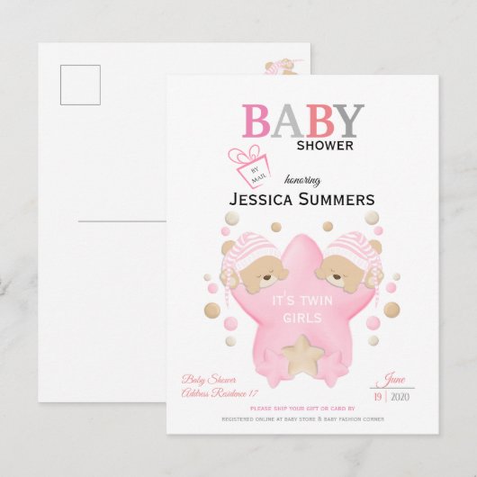 Mooie Slaande Teddibeer Tweeling Meisjes Shower Pe Uitnodiging Briefkaart (Voorkant / Achterkant)