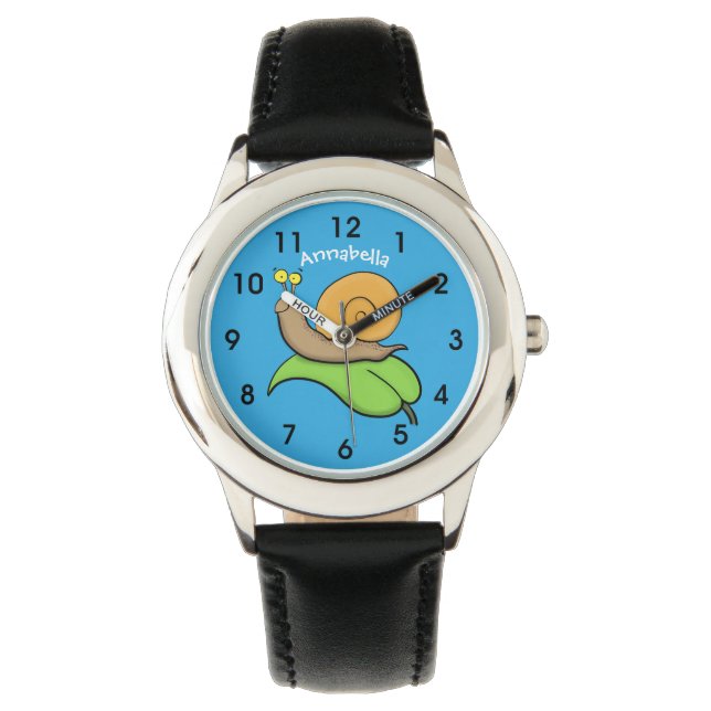 Mooie slak op een bladtekening van de cartoon horloge (Voorkant)