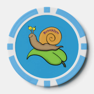 Mooie slak op een bladtekening van de cartoon poker chips