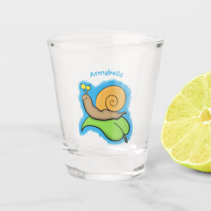 Mooie slak op een bladtekening van de cartoon shot glas