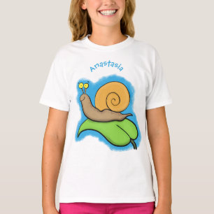 Mooie slak op een bladtekening van de cartoon t-shirt