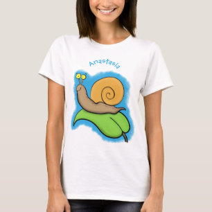 Mooie slak op een bladtekening van de cartoon t-shirt