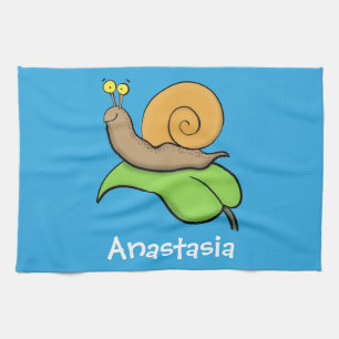 Mooie slak op een bladtekening van de cartoon theedoek