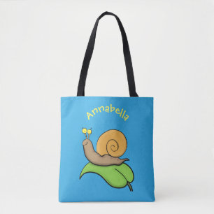 Mooie slak op een bladtekening van de cartoon tote bag