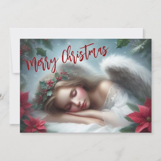 Mooie slapende engel met Poinsettias Feestdagenkaart (Voorkant)