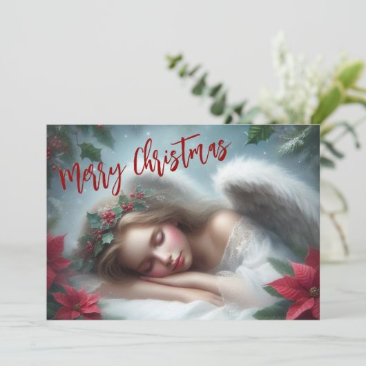 Mooie slapende engel met Poinsettias Feestdagenkaart (Staand voorkant)