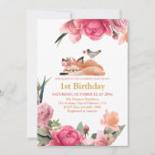 Mooie Slaperige Vos en Bloemen 1e Verjaardag Kaart (Voorkant)