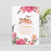 Mooie Slaperige Vos en Bloemen 1e Verjaardag Kaart (Staand voorkant)