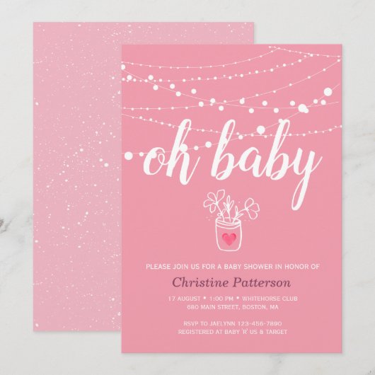 Mooie slingerlichtjes Roze babyshower uitnodiging (Voorkant / Achterkant)