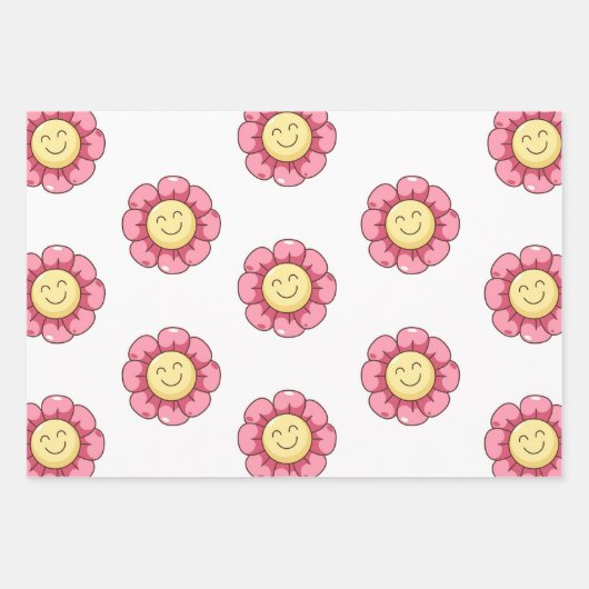 Mooie Smiley Bloem Inpakpapier – Roze Vel (Voorkant)