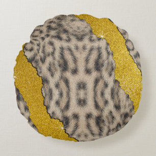 Mooie Sneeuwluipaard Leer Dierenprint & Glitter Rond Kussen