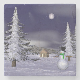 Mooie sneeuwpop in de nacht stenen onderzetter
