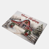 Mooie Sneeuwrijke Winter Rustieke Rode Schuur Kers Deurmat (Schuin)