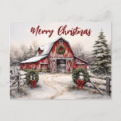 Mooie Sneeuwrijke Winter Rustieke Rode Schuur Kers Feestdagenkaart (Voorkant)