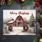 Mooie Sneeuwrijke Winter Rustieke Rode Schuur Kers Feestdagenkaart