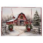 Mooie Sneeuwrijke Winter Rustieke Rode Schuur Kers Groot Cadeauzakje (Achterkant)