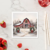 Mooie Sneeuwrijke Winter Rustieke Rode Schuur Kers Servet (Insitu)