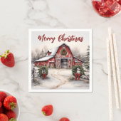 Mooie Sneeuwrijke Winter Rustieke Rode Schuur Kers Servet (Insitu)