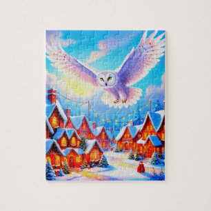 Mooie sneeuwuil die over kerstdorp vliegt legpuzzel