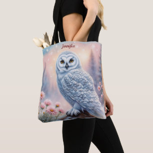 Mooie Sneeuwuil, roze bloemen. Bewerkbare naam Tote Bag