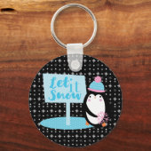 Mooie Sneeuwvlokken  Zwarte Witte Pinguïn   Knop Sleutelhanger (Voorkant)