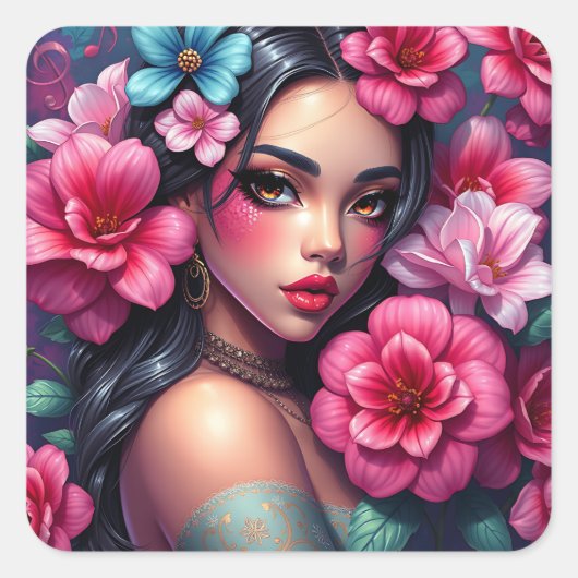 Mooie Spaanse anime vrouw Vierkante Sticker (Voorkant)