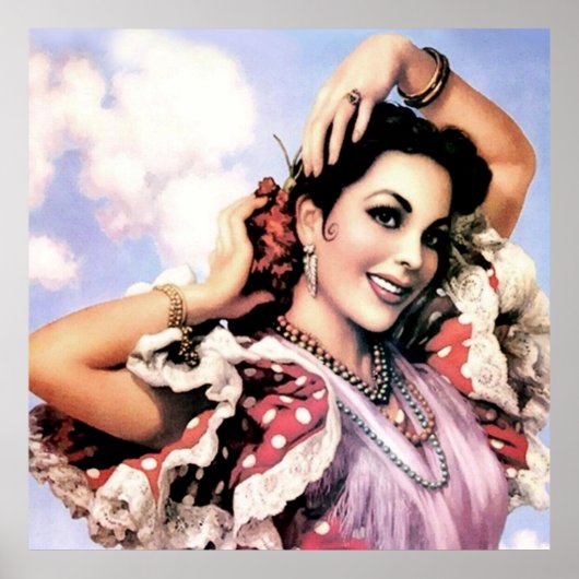 Mooie Spaanse Flamenco Dancer in Red Polka Dot Poster (Voorkant)